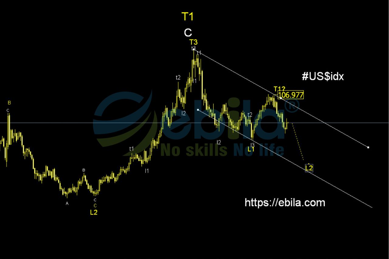 The long-term trend of the US Dollar Index is currently on a decline. The current price trajectory is within from T1 large to L2 large