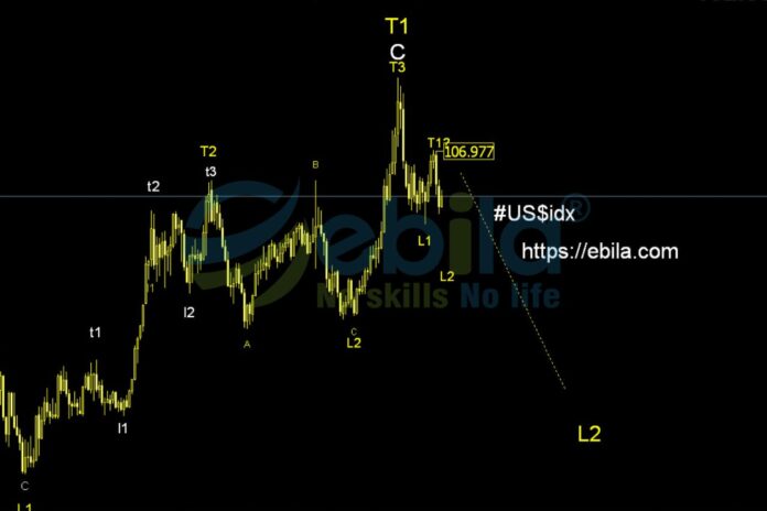 The long-term trend of the US Dollar Index is currently on a decline. The current price trajectory is within from T1 large to L2 large